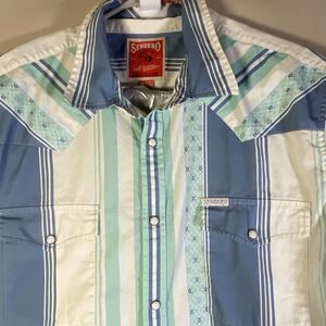 Sendero Provisions Short Sleeve Shirt Mens XL Pearl Snap Stripes Blue Green